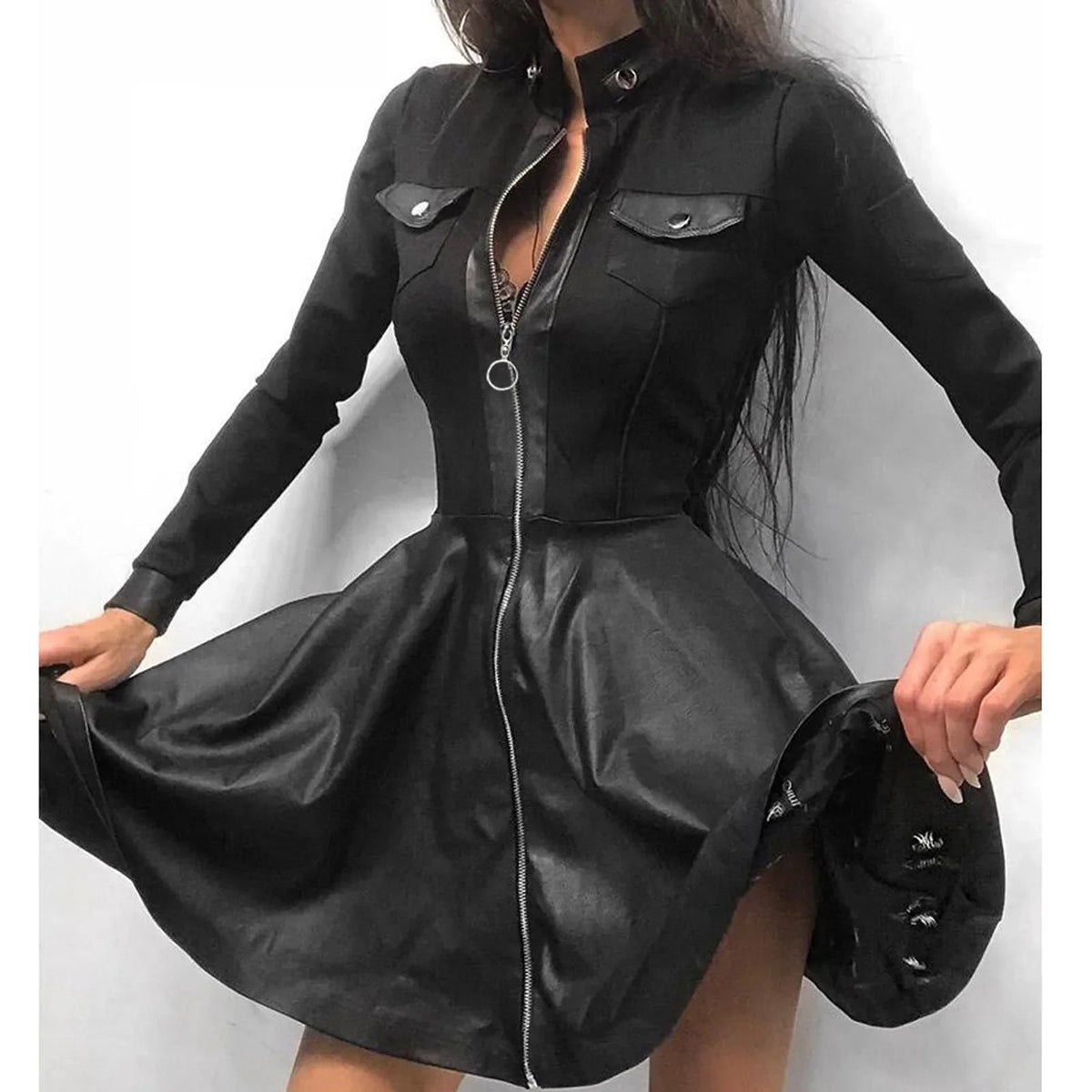 Houndstooth Stand Collar Long Sleeve Zip Mini Dress 4
