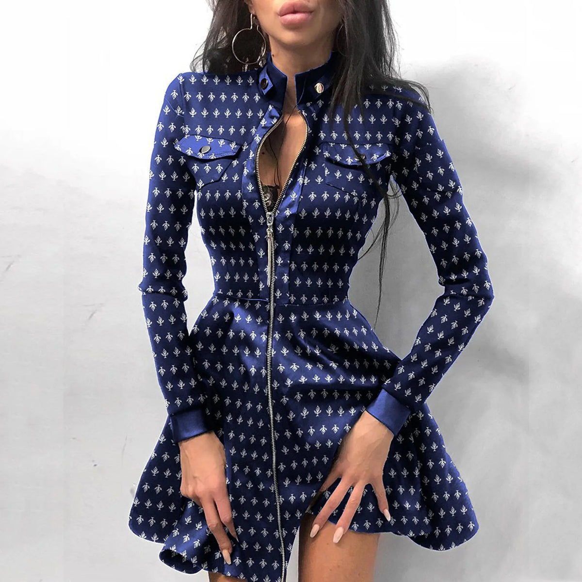 Houndstooth Stand Collar Long Sleeve Zip Mini Dress 8