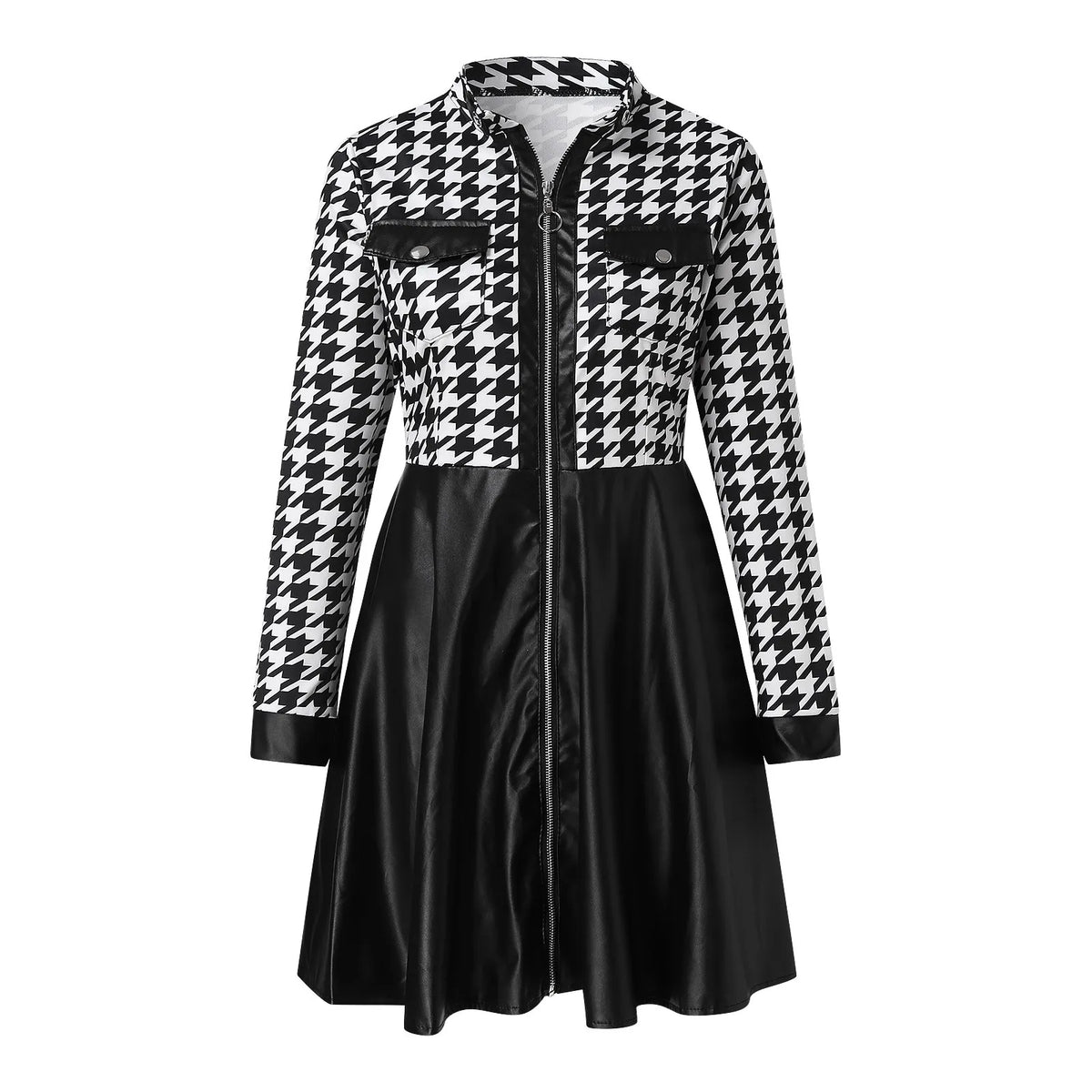 Houndstooth Stand Collar Long Sleeve Zip Mini Dress 5