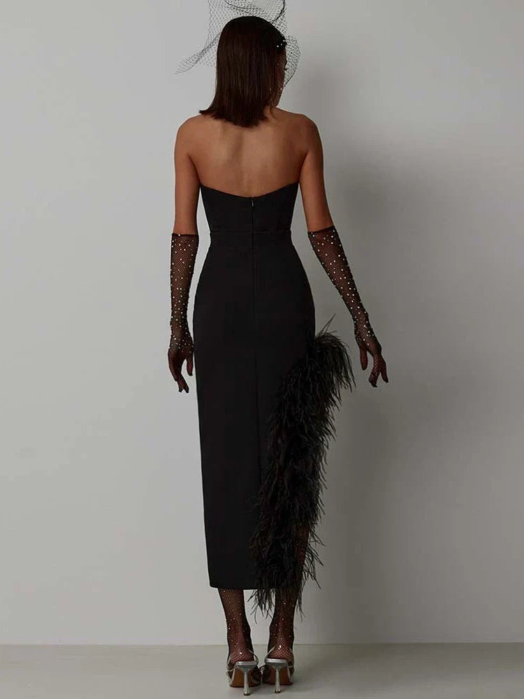 Satin Strapless Feather Trim Midi Dress
