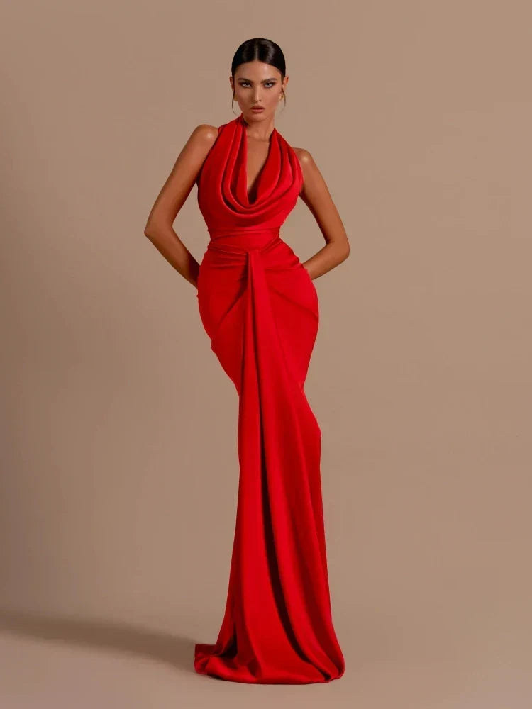 Cowl Neck Halter Draped Waist Floor-Length Gown