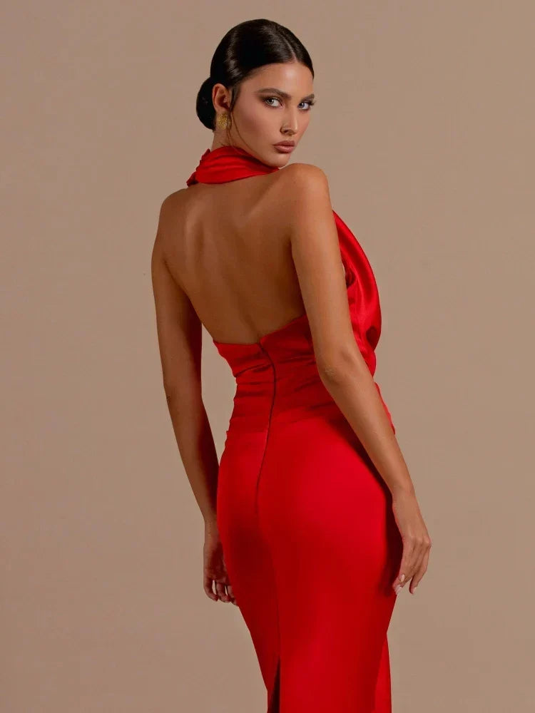 Satin Cowl Neck Ruched Mermaid Evening Gown 5