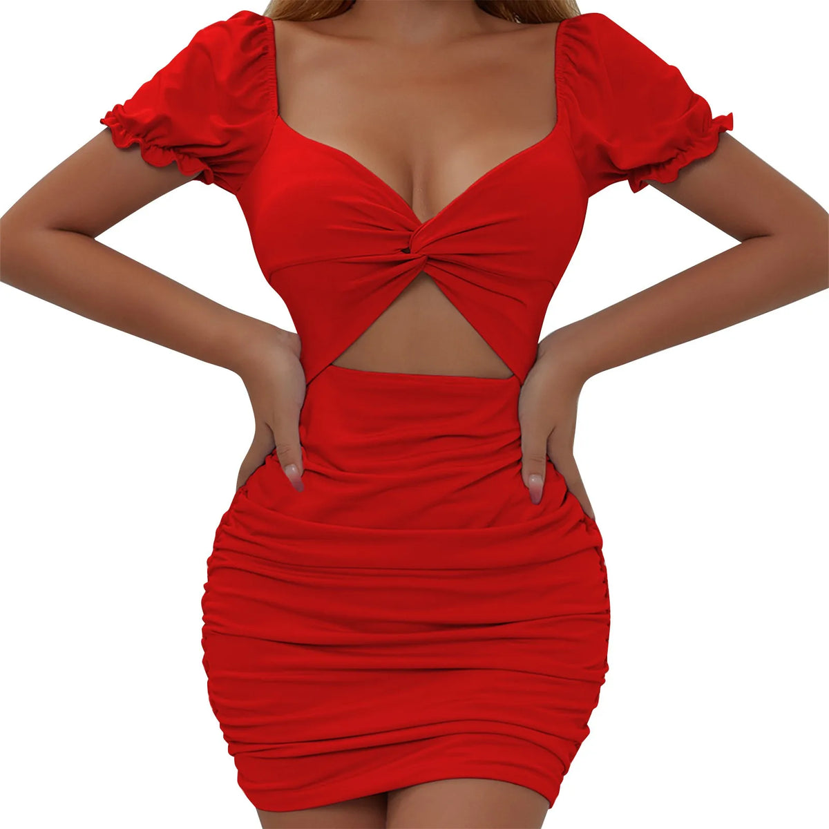 Ruched Sweetheart Puff Sleeve Twist-Front Cutout Bodycon Mini Dress 10