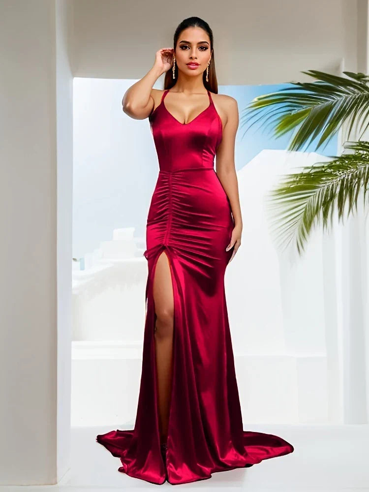 Satin Halter Ruched Slit Mermaid Gown