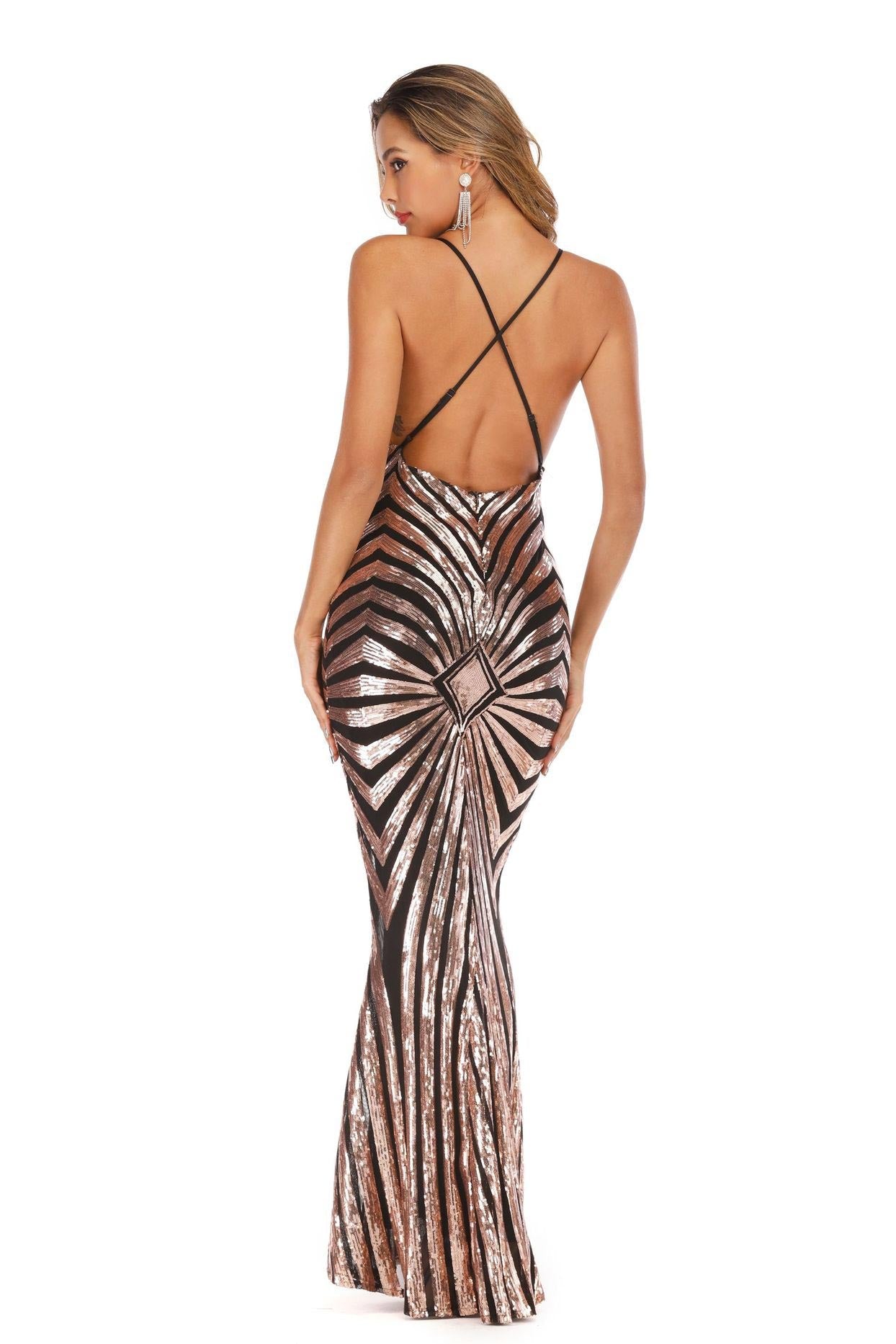 Sexy V-neck Sequined Crisscross Mermaid Bodycon Dress - Fashionpara
