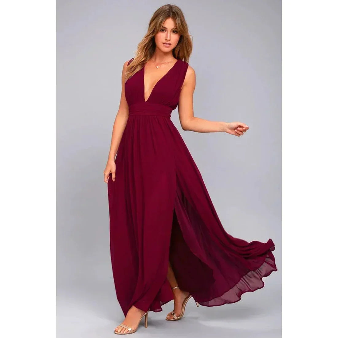 Chiffon Deep V-Neck Pleated High Split Maxi Gown 2
