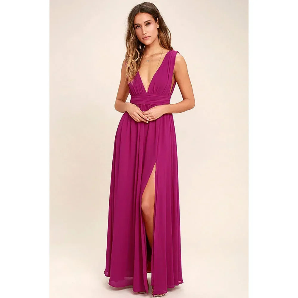 Chiffon Deep V-Neck Pleated High Split Maxi Gown 11