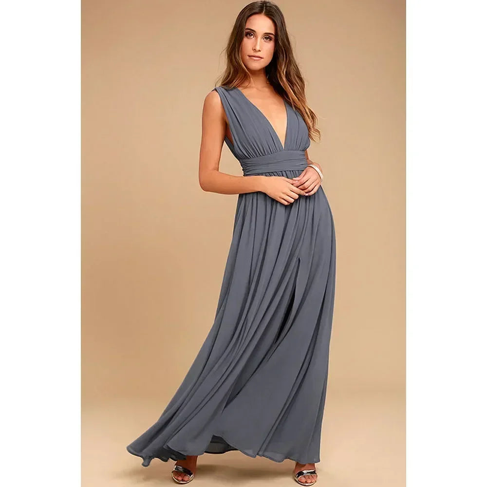 Chiffon Deep V-Neck Pleated High Split Maxi Gown 8