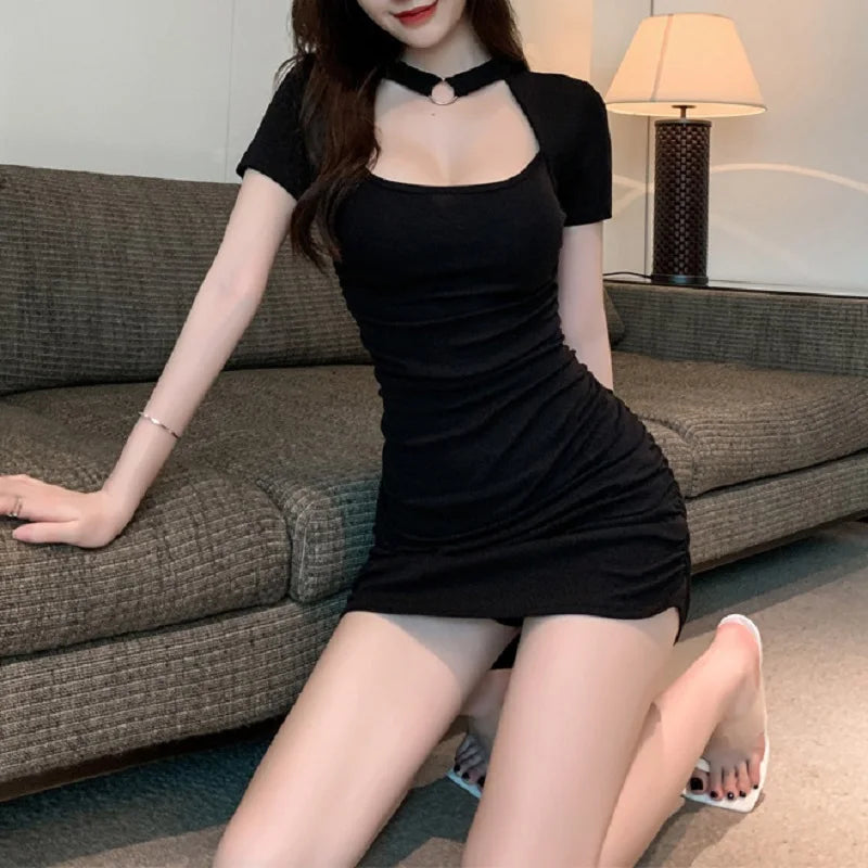 Square Neck Short Sleeve Cutout Ruched Bodycon Mini Dress