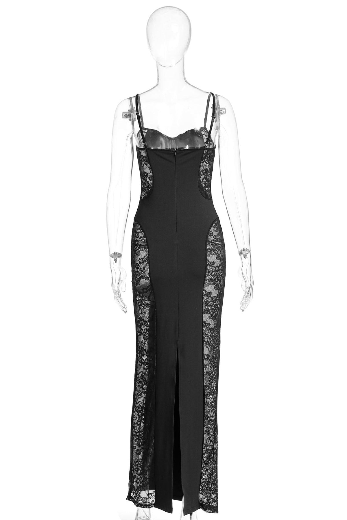 Lace Panel Spaghetti Strap Sheer Bodycon Maxi Dress