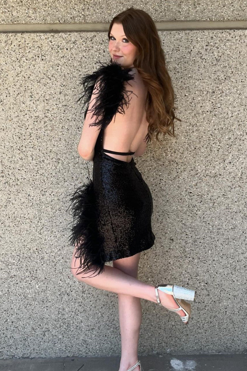 Sexy Black V-Neck Short Glitter Homecoming Dress With Feather