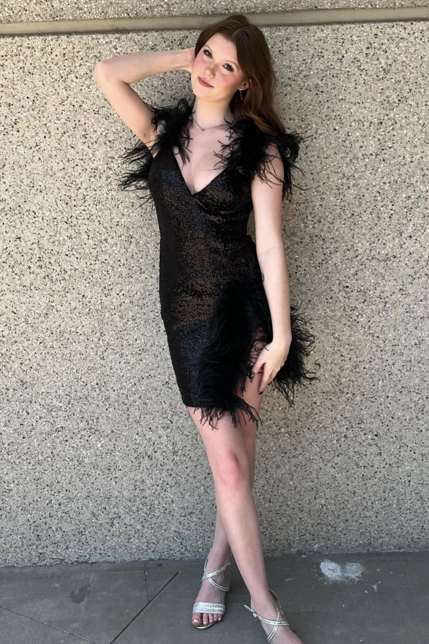 Sexy Black V-Neck Short Glitter Homecoming Dress With Feather