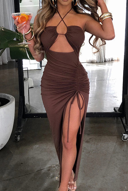 Sexy Cut Out Halter High Split Evening Dress - Fashionpara