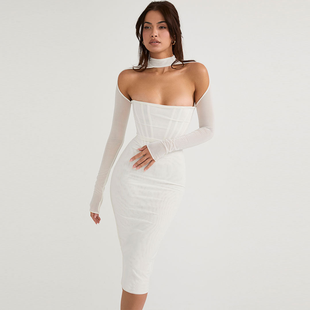 Cut Out Long Sleeve Mesh Mock Neck Corset Bodycon Midi Dress