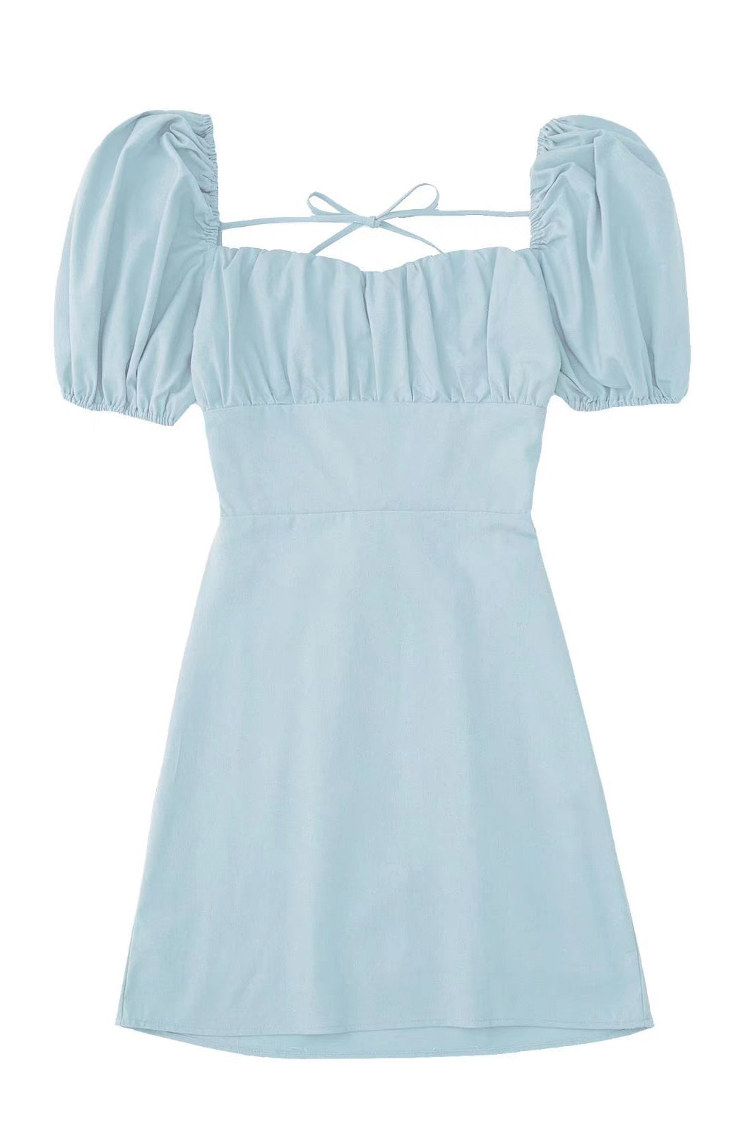 Square-Neck Puff Sleeve Tie-Back A-Line Mini Dress