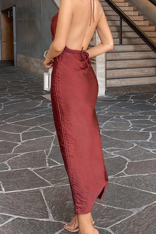 Satin Cowl Neck Spaghetti Strap Backless Slip Maxi Dress