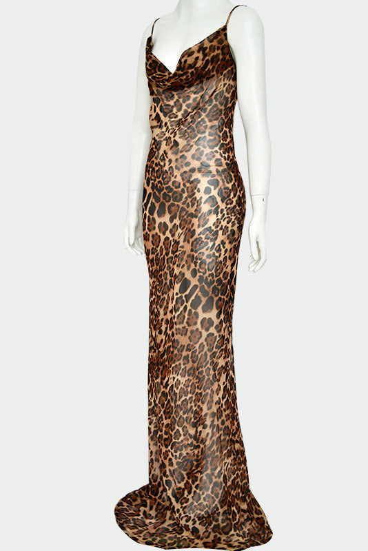 Sexy Leopard Print Backless Evening Dress