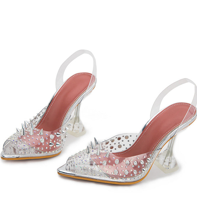 Sexy Nude Peep Toe Sandals With Rivets - Mislish
