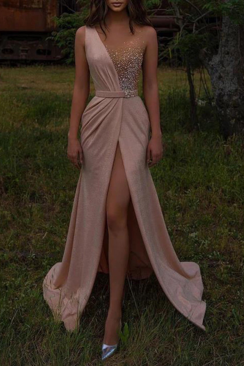 One-Shoulder Beaded High-Slit Draped Mermaid Gown