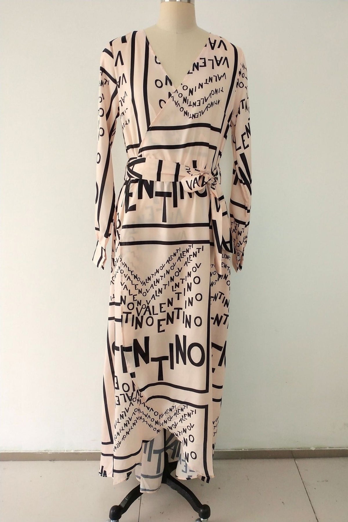 Letter Print V-Neck Puff Sleeve Wrap Maxi Dress