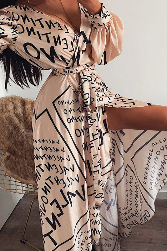 Letter Print V-Neck Puff Sleeve Wrap Maxi Dress