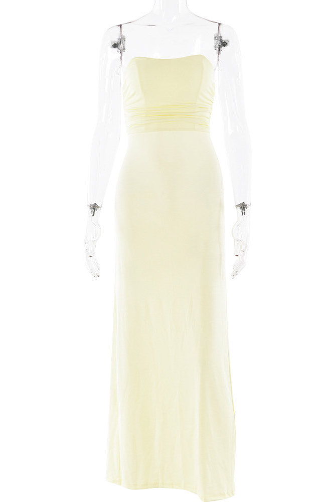 Strapless Lace-Up Back Ruched Jersey Mermaid Gown