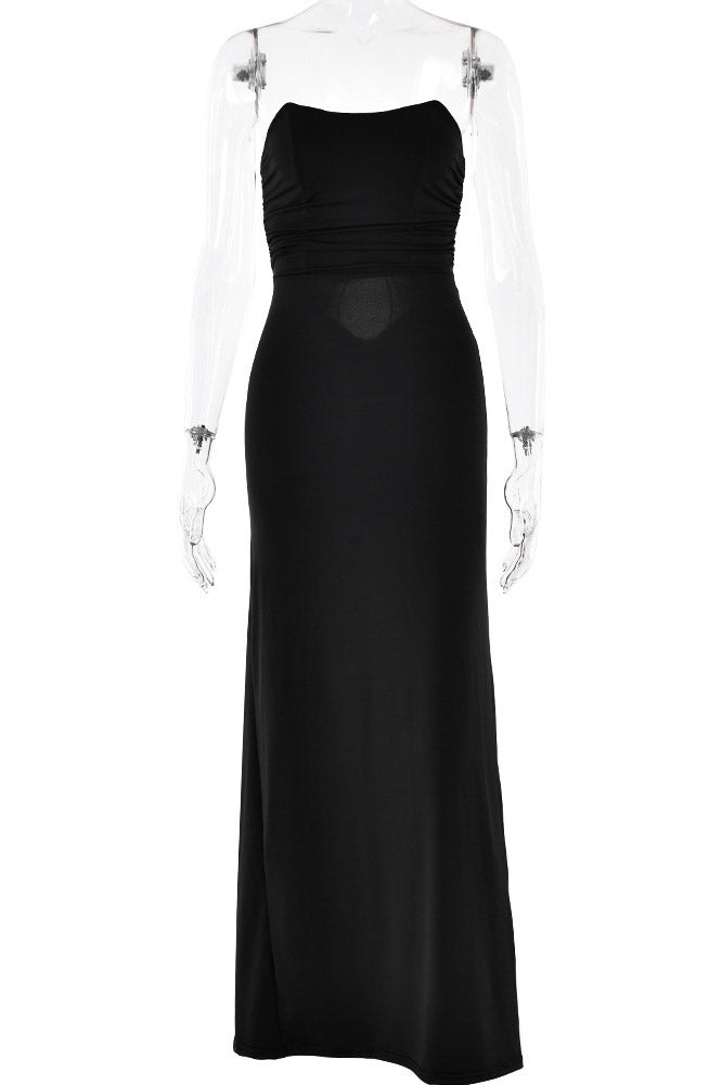 Strapless Lace-Up Back Ruched Jersey Mermaid Gown