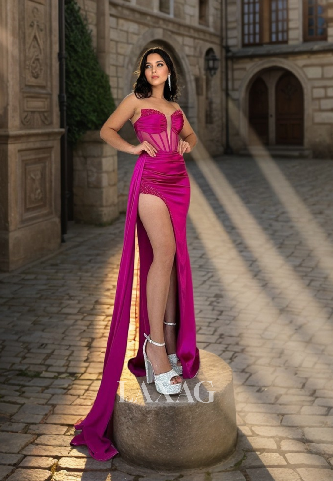 23183 - Sexy Strapless Beaded High Slit Party Prom Formal Evening Dress with Train - Fashionpara