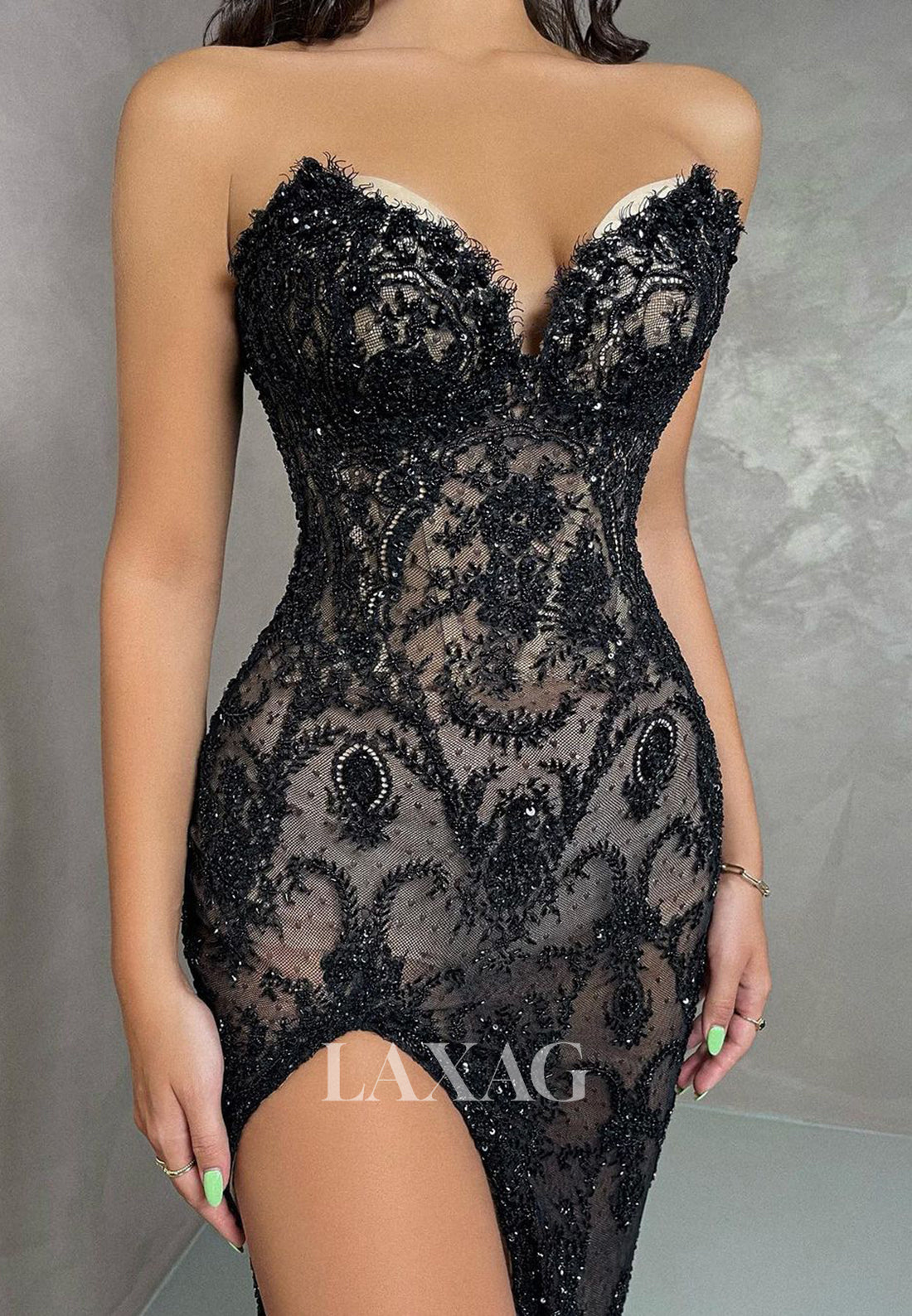 Sexy Strapless Lace Beaded High Slit Prom Dress Sweetheart Sleeveless Pleated Formal Evening Gowns