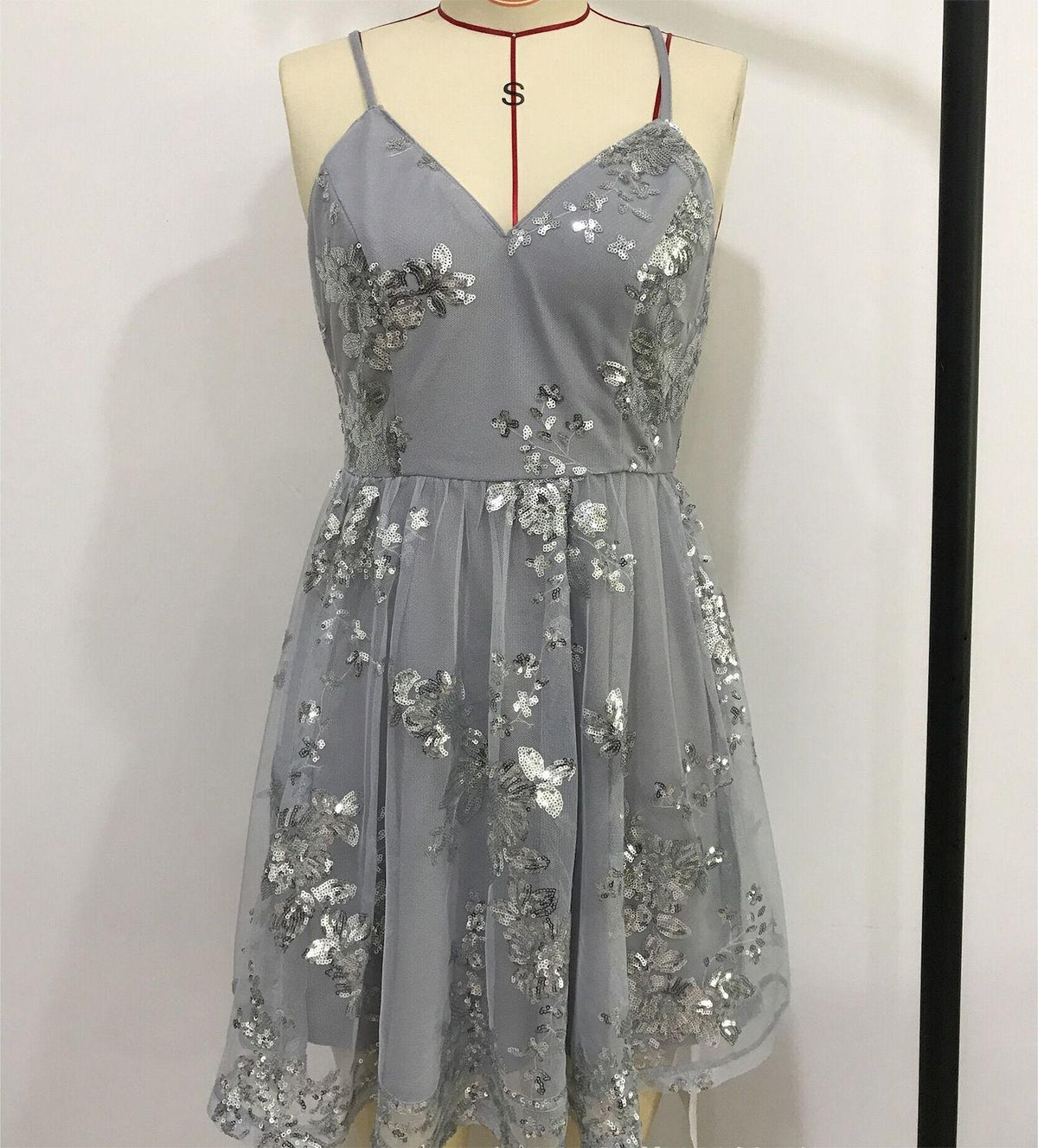 Spaghetti Straps Sleeveless Sequin Embroider Backless Cross Swing Dress 6