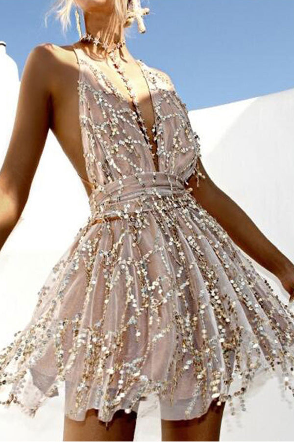 Plunge V-neck Backless Sequined Dress - Mislish