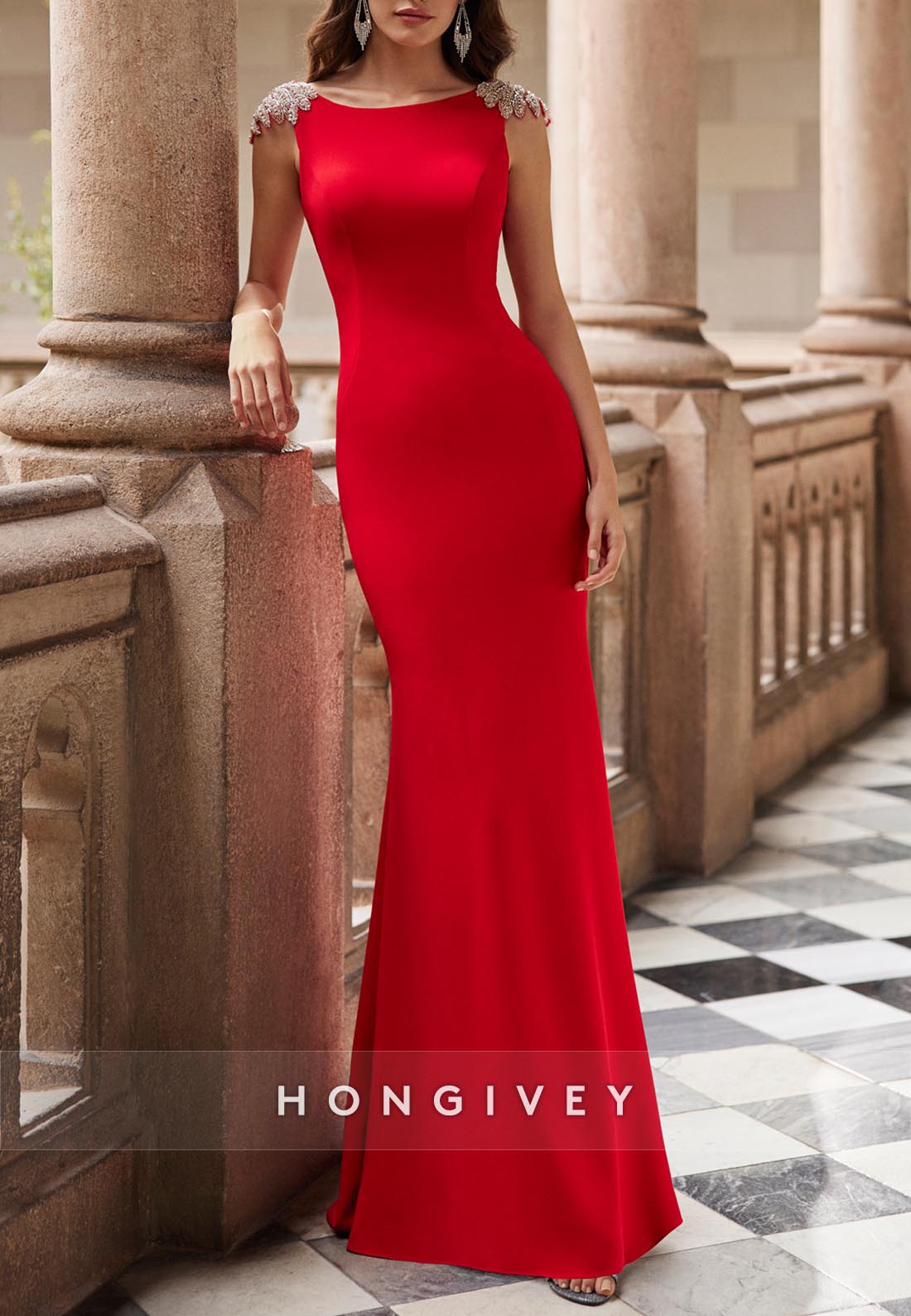 Trumpet Evening Gown Floor-Length Satin Mother of Bride Cap Straps Jewel Back Bateau Neckline
