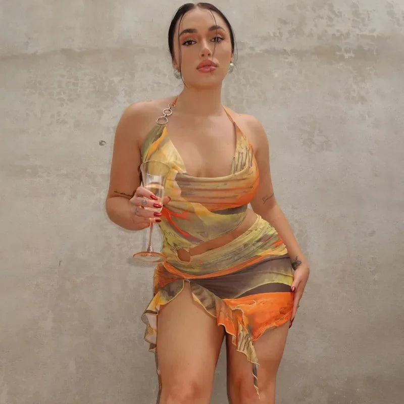 Abstract Print Halter Neck Ruffle Skirt Two-Piece Set