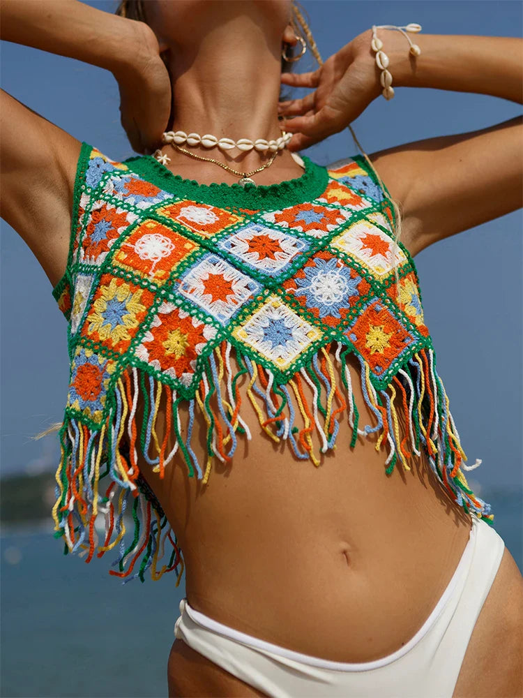 Knitted Tassel Crop Top Bikini Cover Up