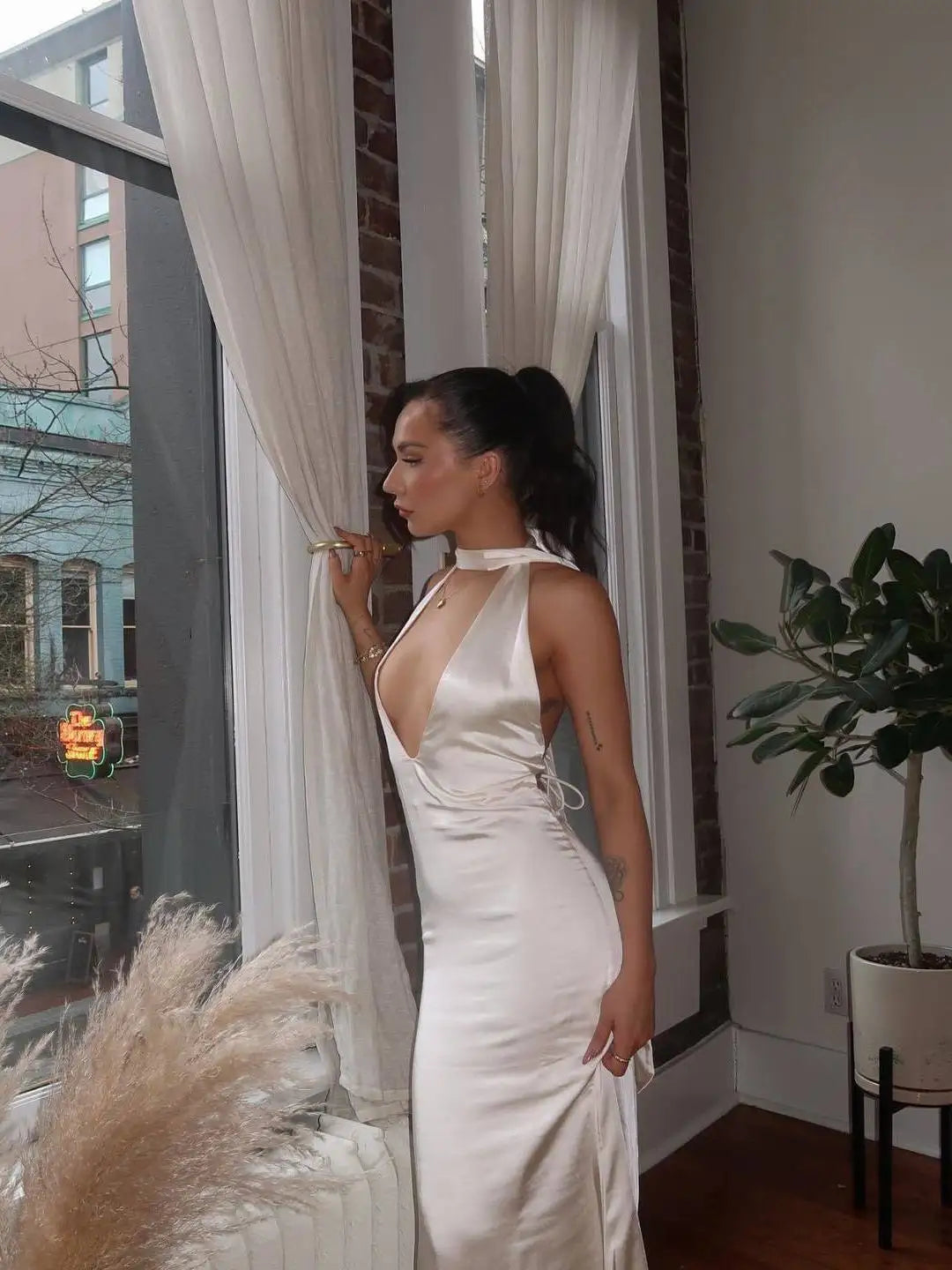 Satin Halter Neck Choker Deep V-Neck Bodycon Maxi Gown - View 9