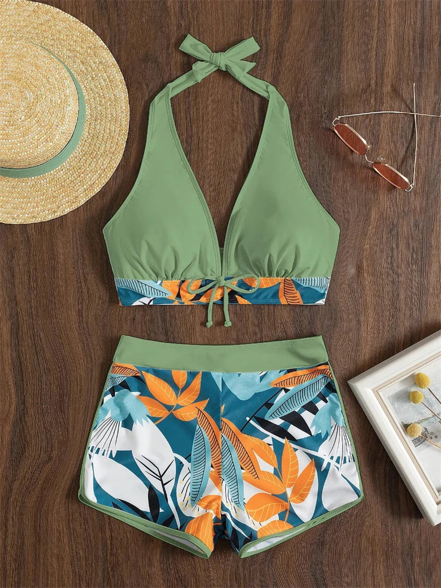 Leaf Print Knot Front Halter Two Piece Set