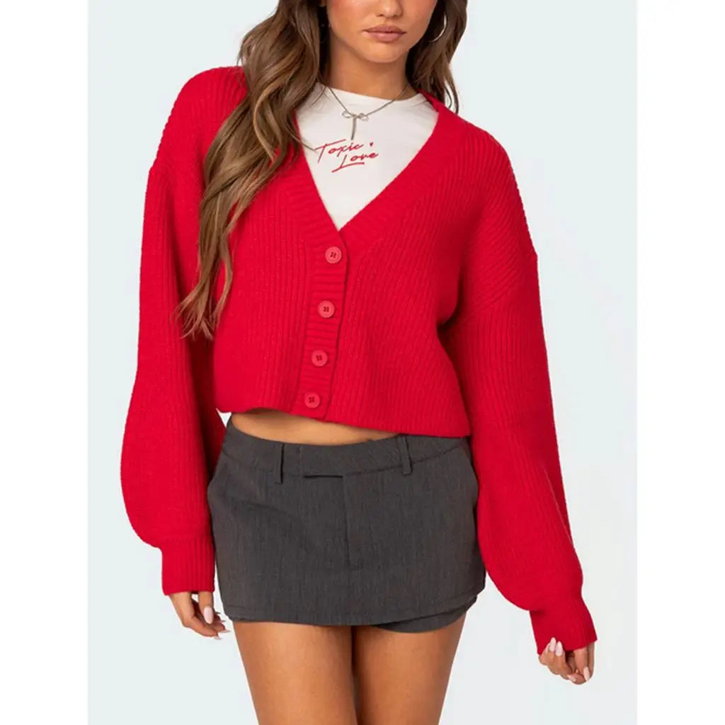 Crop Button V-neck Lantern Sleeve Cardigan