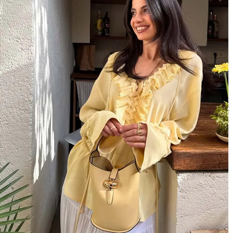 Casual Yellow Ruffle V Neck Blouse