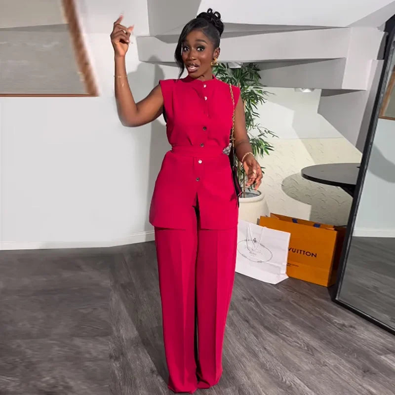 Sleeveless Belt Shirt Pant Suit - Fashionpara