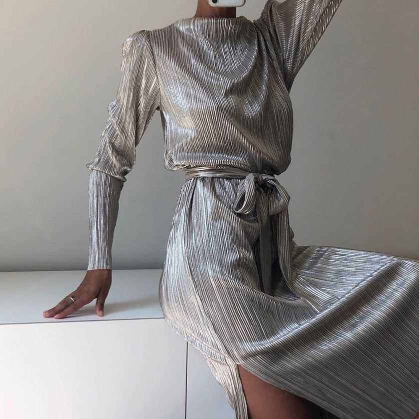 Liquid Silver Ribbed Long Sleeve Midi Dress