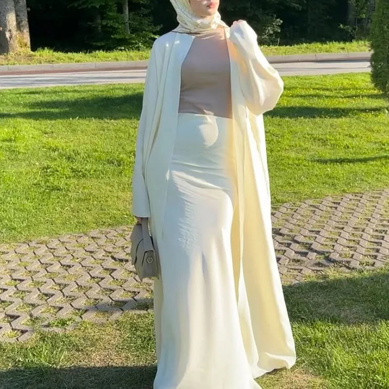 Elegant Women's V-neck Robe Coat and Skirt Set in Cotton Linen