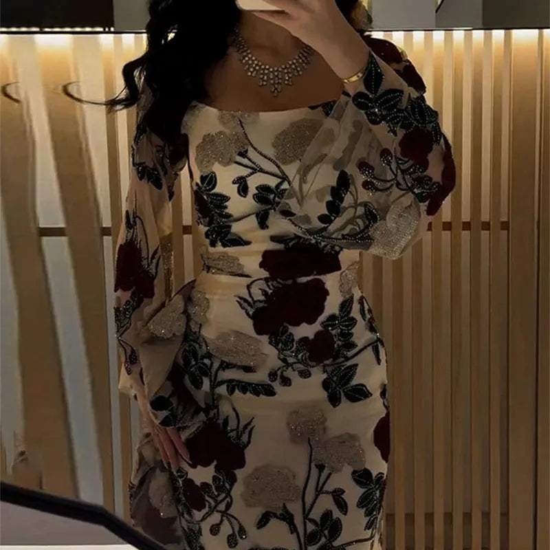 Elegant Black Rose Floral Long Sleeve Evening Dress for Women - Fashionpara