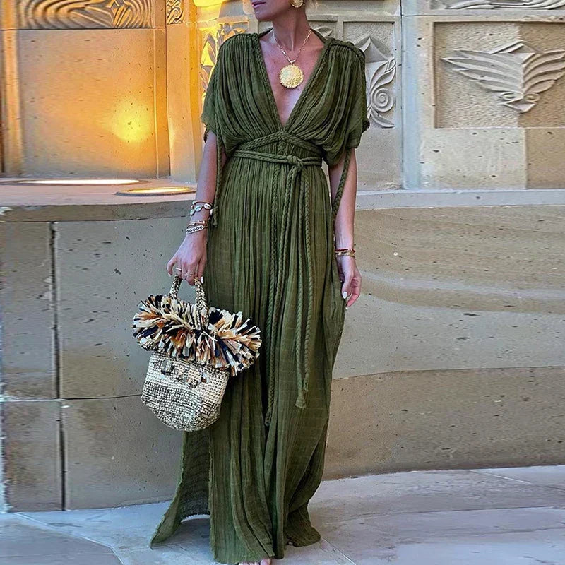 Braided Rope Trim One Shoulder Belted High Split Maxi Dress - View 15