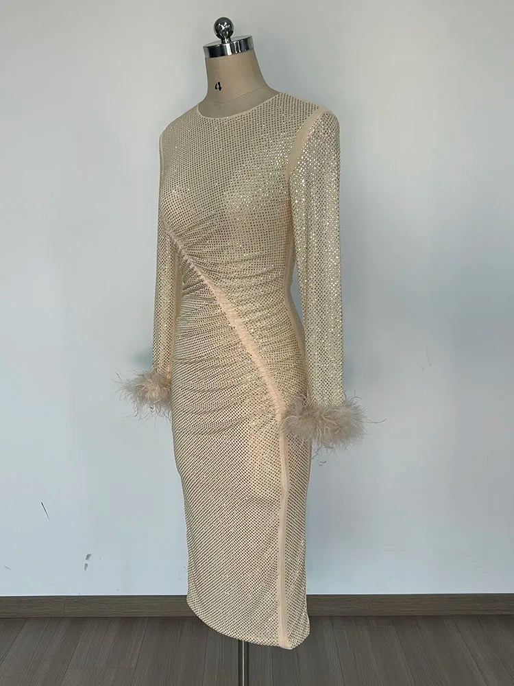 Feathers Rhinestone Folds Midi Dress - View 7