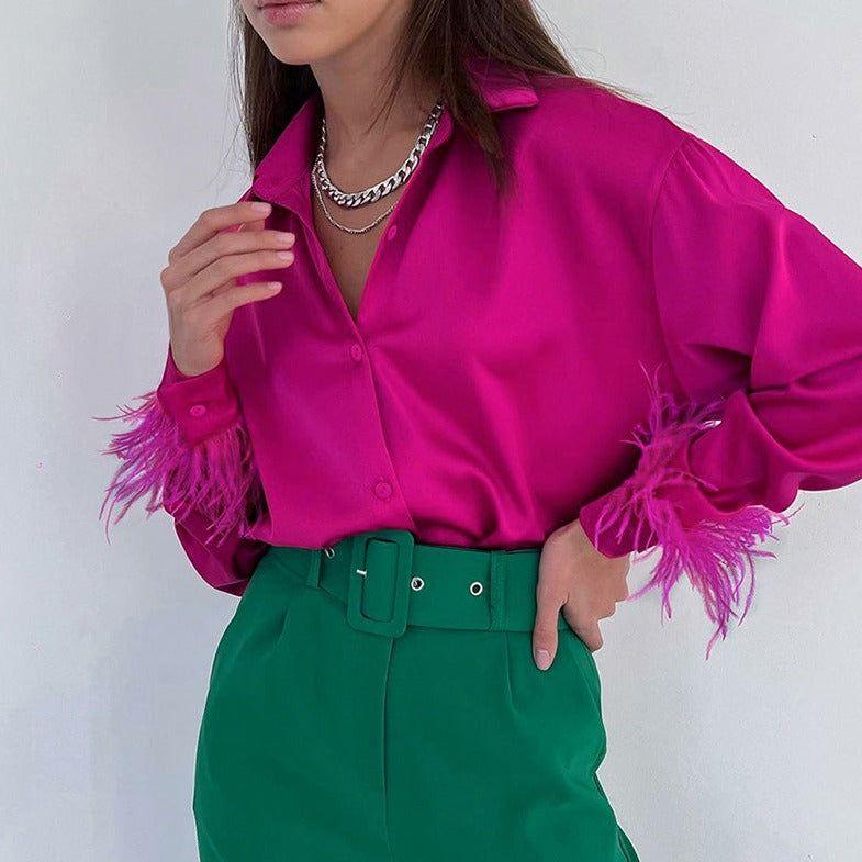 Carmelia Feather Sleeve Satin Blouse - Shirts & Tops - Mermaid Way
