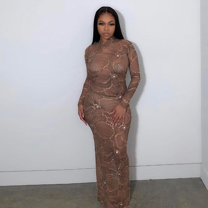 Embellished High Neck Long Sleeve Bodycon Maxi Dress