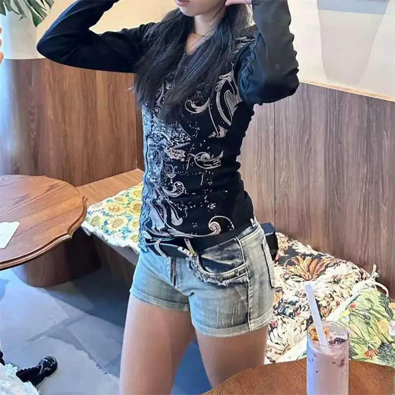 Antique Mysterious Black Plunge-neck Blouse