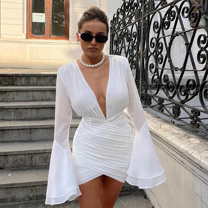 Chiffon Deep V-Neck Bell Sleeve Ruched Mini Dress 2