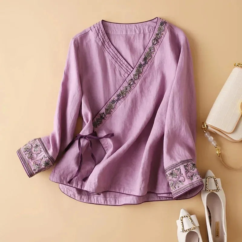 Embroidered Trim V-Neck Long Sleeve Wrap Blouse 26