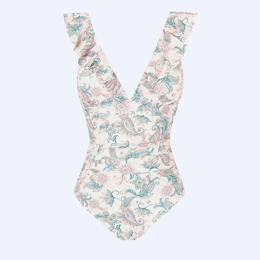 Ruffled V-neck Lace Up One Piece Set